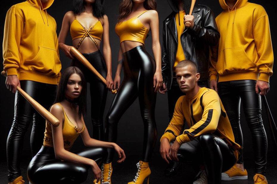 Yellow colour crew, gang, with weapons, 3d, realistic, AI art, artificial intelligence, generated, latex, leather leggings, (by dannylegging, danny legging