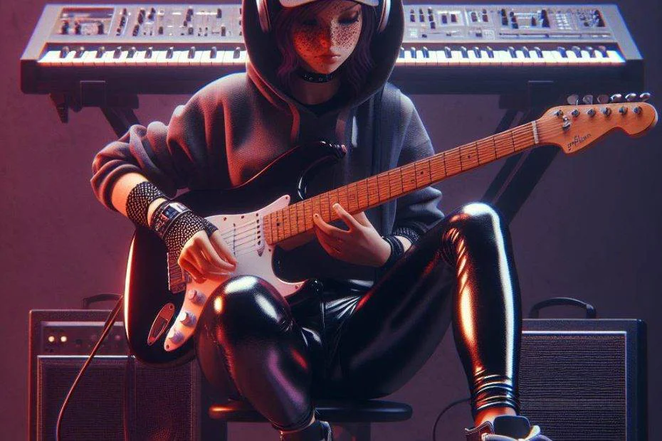 digital art, with person wearing shiny black leggings, hoodie, sneakers, music inspired, keyboard and guitar, dannylegging