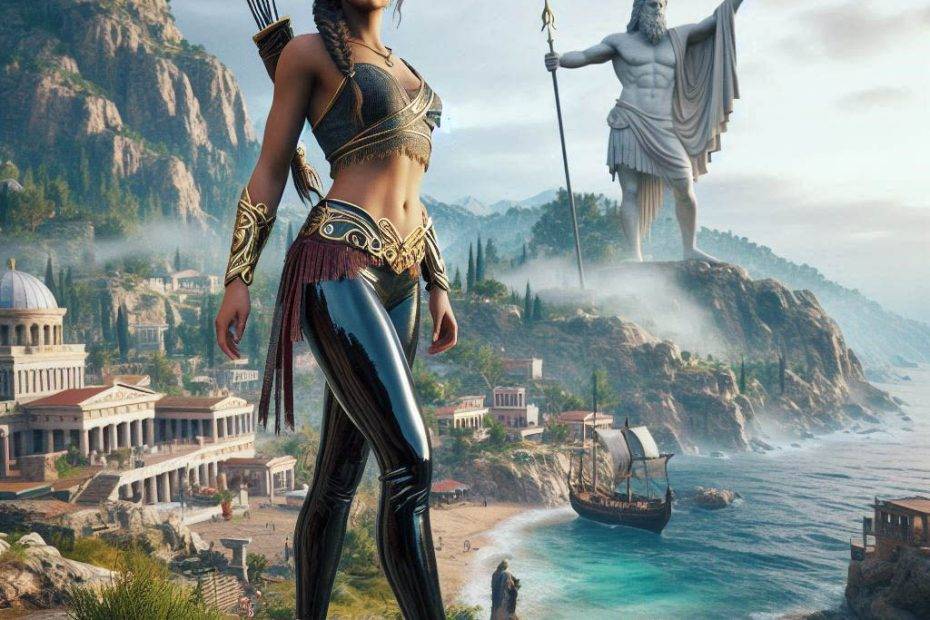 Kassandra from ac odyssey, standing with scenery, wearing patent leggings 4