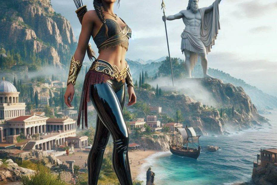 Kassandra from ac odyssey, standing with scenery, wearing patent leggings 4